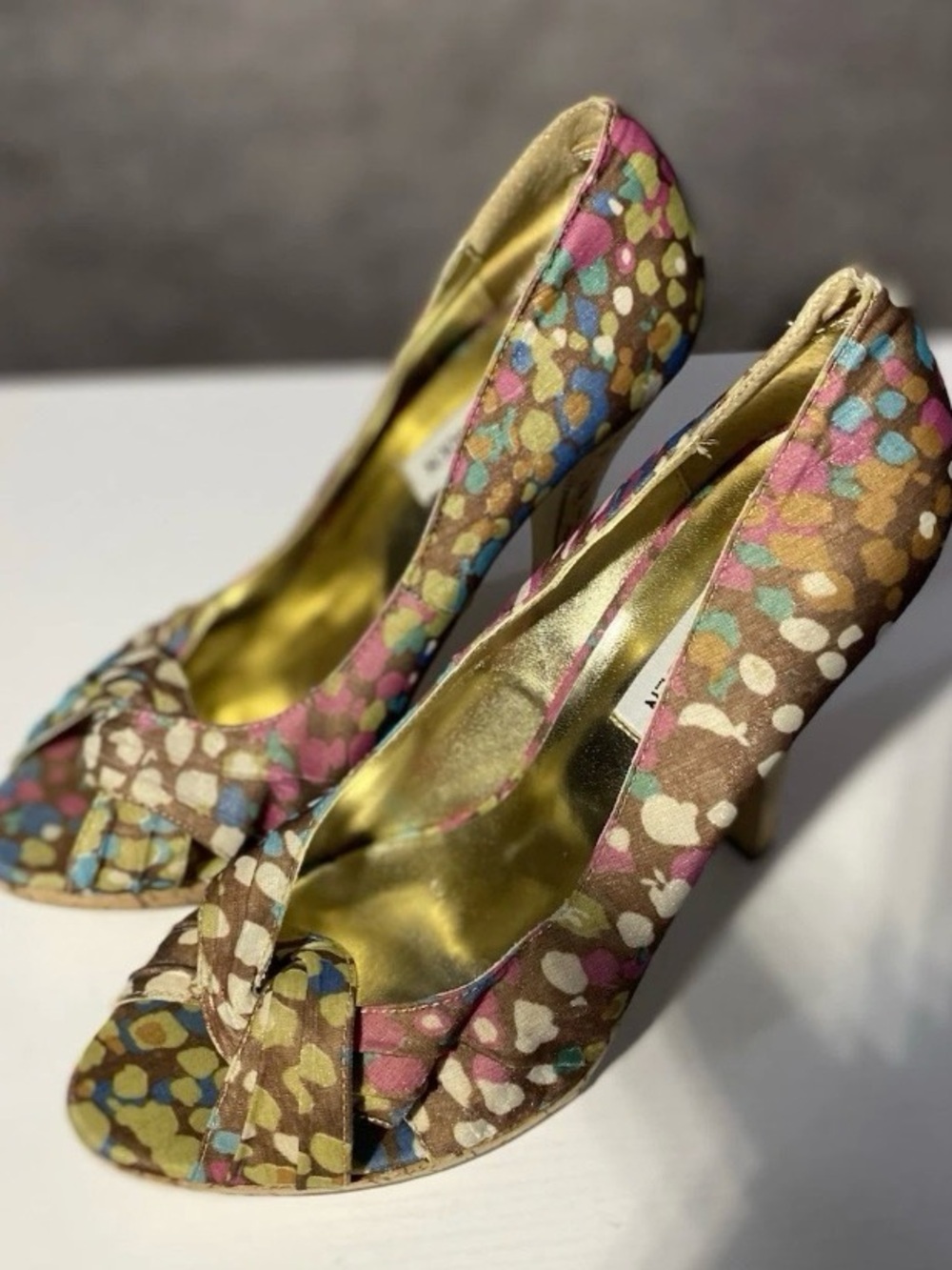 Steve Madden Dreston Multicolor Abstract Peep Toe Cork High Heels Size 7.5M
